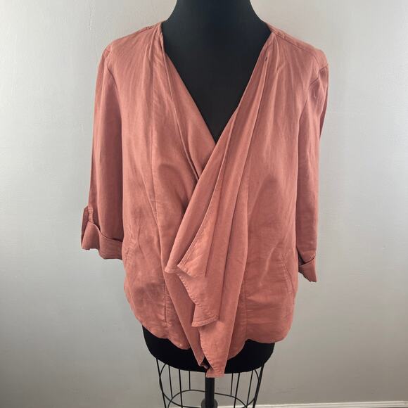 DALIA Dusty Pink Cardigan Top Linen Pockets 3/4 Roll Up Sleeve Size Large L - Picture 2 of 11